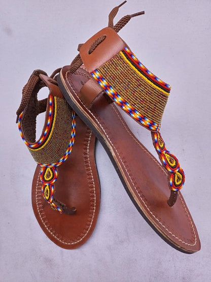 Handmade African Beaded Sandals/Authentic Maasai-Style Leather Flip-Flops Women/Boho Beach Sandals/Comfortable Summer Sandal African Gifts