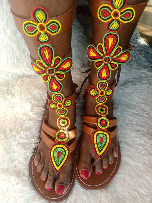 Handmade African Beaded Sandals/Authentic Maasai-Style Leather Flip-Flops Women/Boho Beach Sandals/Comfortable Summer Sandal African Gifts
