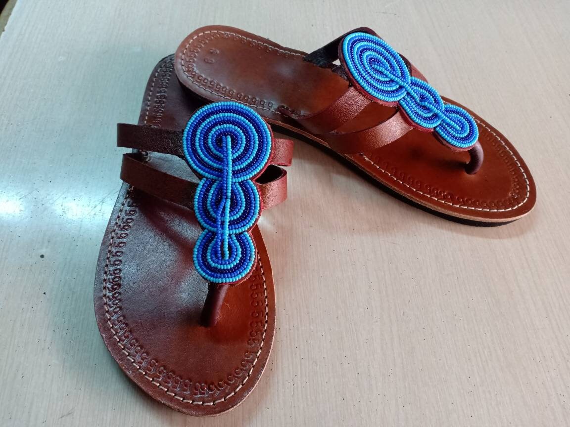 Handmade African Beaded Sandals/Authentic Maasai-Style Leather Flip-Flops Women/Boho Beach Sandals/Comfortable Summer Sandal African Gifts
