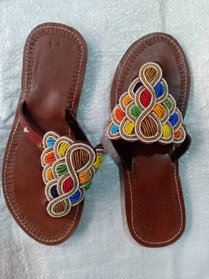 Handmade African Beaded Sandals/Authentic Maasai-Style Leather Flip-Flops Women/Boho Beach Sandals/Comfortable Summer Sandal African Gifts
