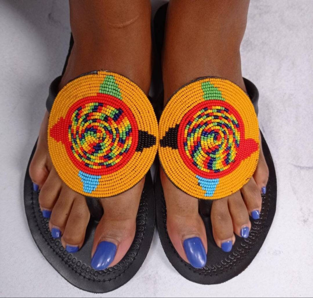 Handmade African Beaded Sandals/Authentic Maasai-Style Leather Flip-Flops Women/Boho Beach Sandals/Comfortable Summer Sandal African Gifts