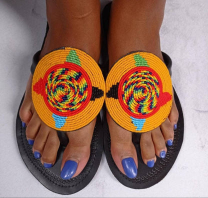 Handmade African Beaded Sandals/Authentic Maasai-Style Leather Flip-Flops Women/Boho Beach Sandals/Comfortable Summer Sandal African Gifts