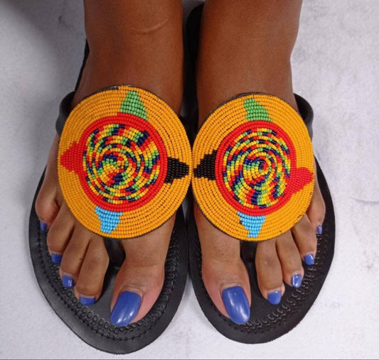 Handmade African Beaded Sandals/Authentic Maasai-Style Leather Flip-Flops Women/Boho Beach Sandals/Comfortable Summer Sandal African Gifts