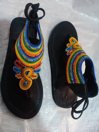 Handmade African Beaded Sandals/Authentic Maasai-Style Leather Flip-Flops Women/Boho Beach Sandals/Comfortable Summer Sandal African Gifts