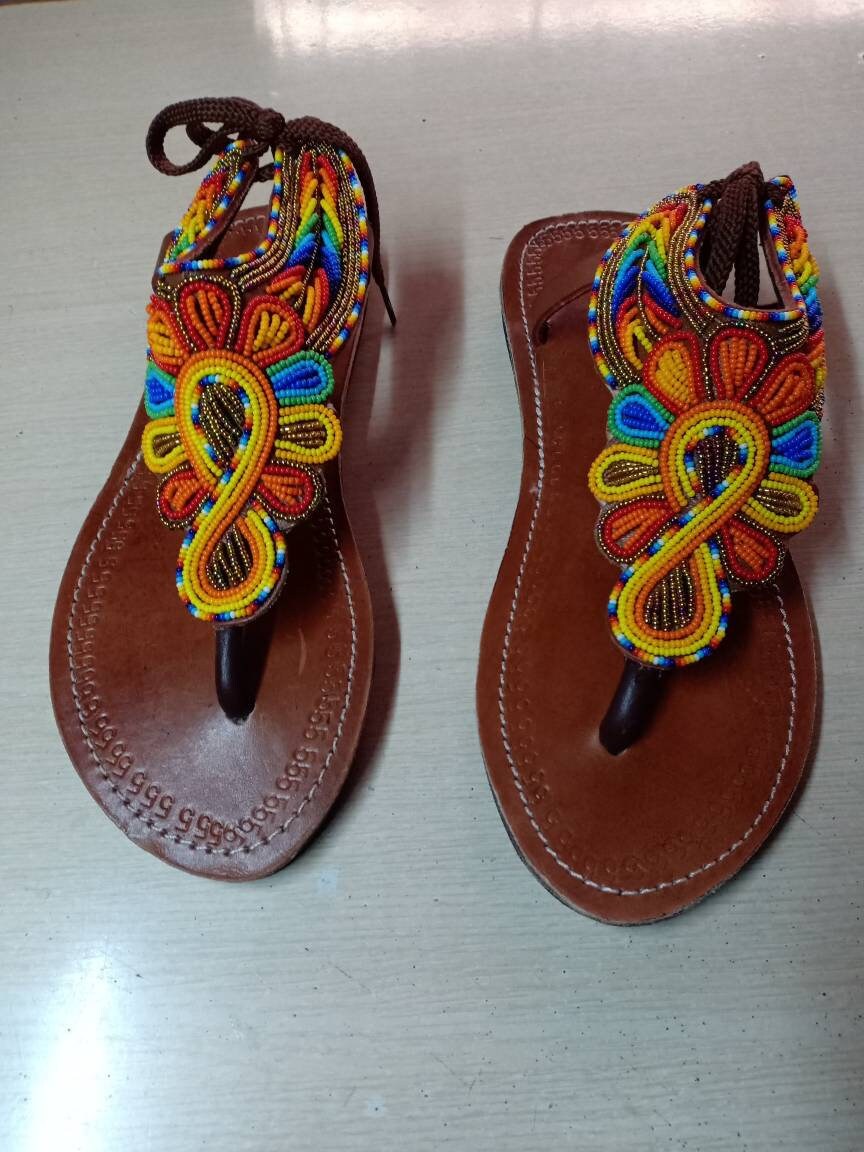 Handmade African Beaded Sandals/Authentic Maasai-Style Leather Flip-Flops Women/Boho Beach Sandals/Comfortable Summer Sandal African Gifts