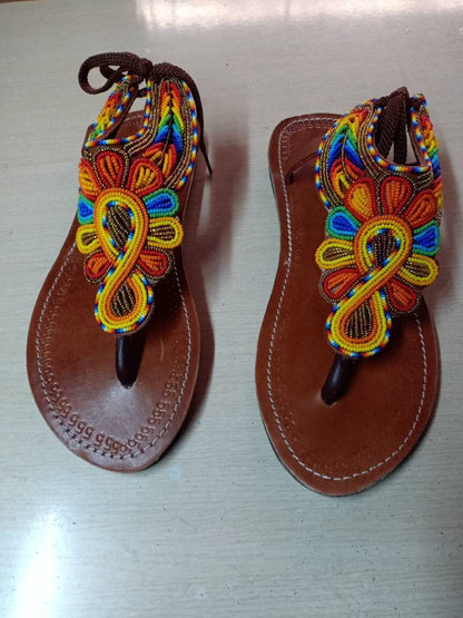 Handmade African Beaded Sandals/Authentic Maasai-Style Leather Flip-Flops Women/Boho Beach Sandals/Comfortable Summer Sandal African Gifts
