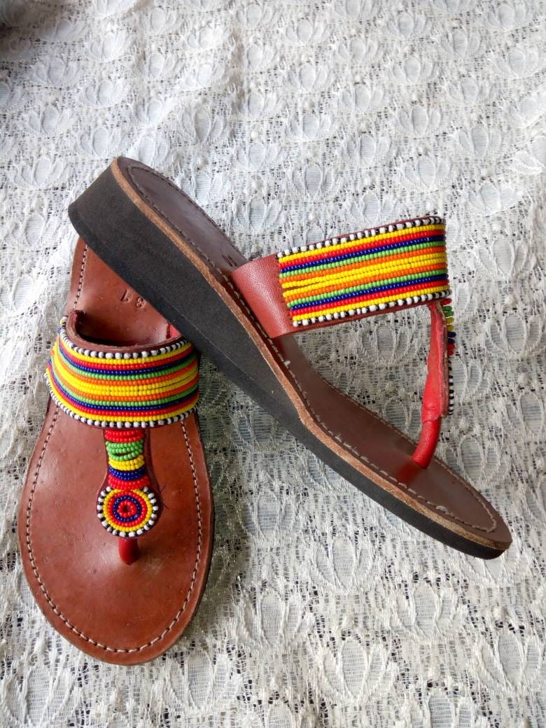Handmade African Beaded Sandals/Authentic Maasai-Style Leather Flip-Flops Women/Boho Beach Sandals/Comfortable Summer Sandal African Gifts