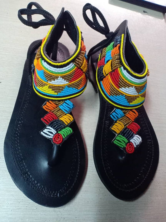 Handmade African Beaded Sandals/Authentic Maasai-Style Leather Flip-Flops Women/Boho Beach Sandals/Comfortable Summer Sandal African Gifts
