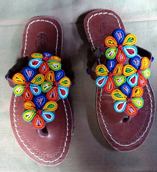 Handmade African Beaded Sandals/Authentic Maasai-Style Leather Flip-Flops Women/Boho Beach Sandals/Comfortable Summer Sandal African Gifts