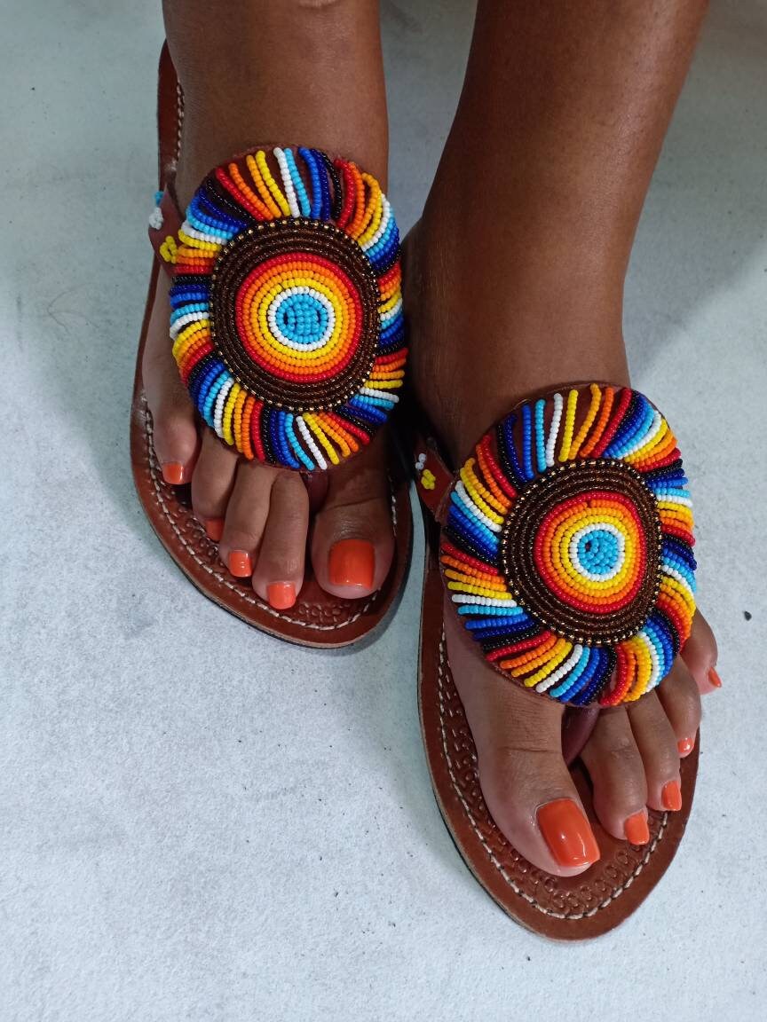 Handmade African Beaded Sandals/Authentic Maasai-Style Leather Flip-Flops Women/Boho Beach Sandals/Comfortable Summer Sandal African Gifts