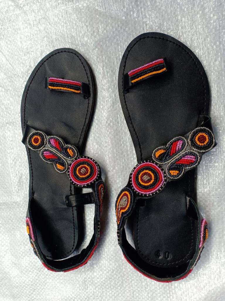 Handmade African Beaded Sandals/Authentic Maasai-Style Leather Flip-Flops Women/Boho Beach Sandals/Comfortable Summer Sandal African Gifts