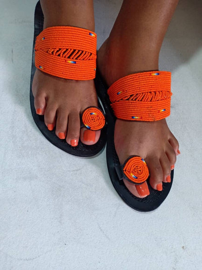 Handmade African Beaded Sandals/Authentic Maasai-Style Leather Flip-Flops Women/Boho Beach Sandals/Comfortable Summer Sandal African Gifts