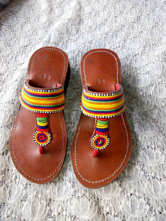 Handmade African Beaded Sandals/Authentic Maasai-Style Leather Flip-Flops Women/Boho Beach Sandals/Comfortable Summer Sandal African Gifts
