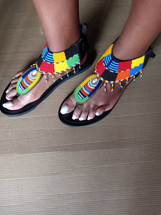 Handmade African Beaded Sandals/Authentic Maasai-Style Leather Flip-Flops Women/Boho Beach Sandals/Comfortable Summer Sandal African Gifts