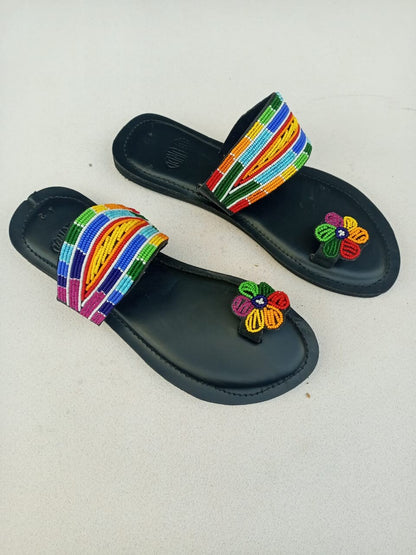Handmade African Beaded Sandals/Authentic Maasai-Style Leather Flip-Flops Women/Boho Beach Sandals/Comfortable Summer Sandal African Gifts
