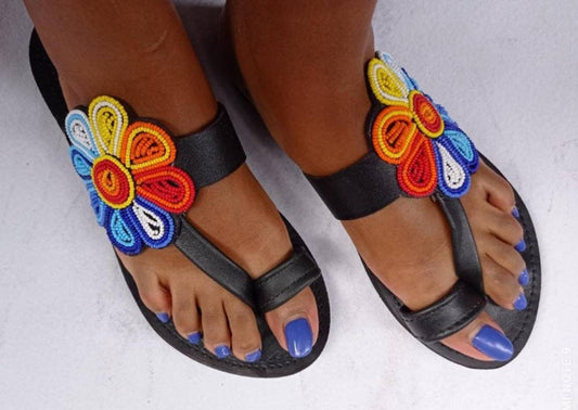 Handmade African Beaded Sandals/Authentic Maasai-Style Leather Flip-Flops Women/Boho Beach Sandals/Comfortable Summer Sandal African Gifts