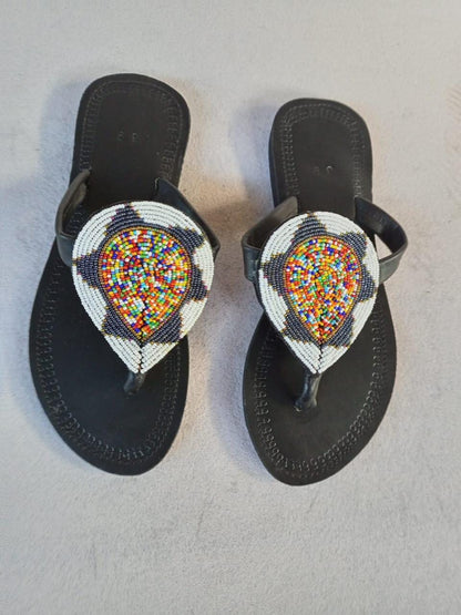 Handmade African Beaded Sandals/Authentic Maasai-Style Leather Flip-Flops Women/Boho Beach Sandals/Comfortable Summer Sandal African Gifts