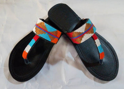 Handmade African Beaded Sandals/Authentic Maasai-Style Leather Flip-Flops Women/Boho Beach Sandals/Comfortable Summer Sandal African Gifts