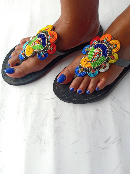 Handmade African Beaded Sandals/Authentic Maasai-Style Leather Flip-Flops Women/Boho Beach Sandals/Comfortable Summer Sandal African Gifts