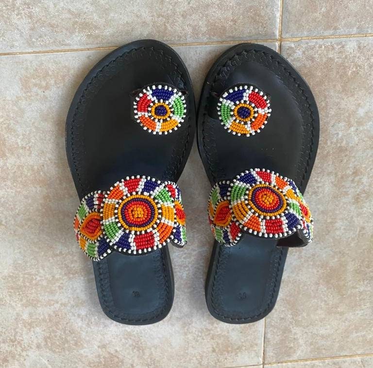 Handmade African Beaded Sandals/Authentic Maasai-Style Leather Flip-Flops Women/Boho Beach Sandals/Comfortable Summer Sandal African Gifts