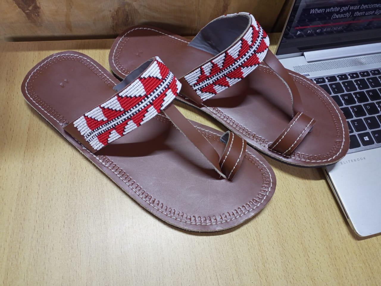 Handmade African Men's Sandals/Genuine Leather Beaded Flip-Flops/Comfortable Summer Sandals for Men/African Shoes/Unique Gift for Him