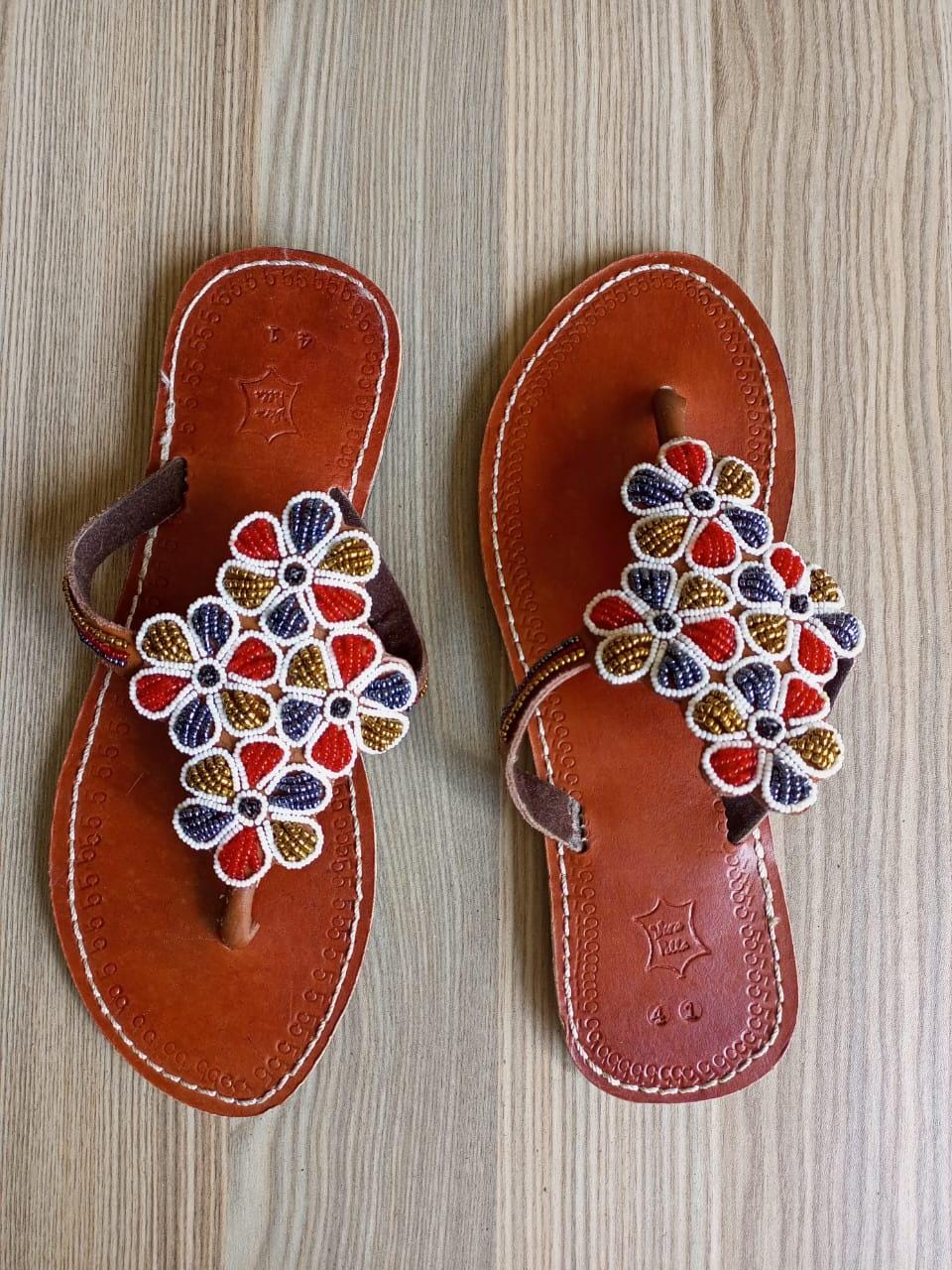 Handmade African Beaded Sandals/Authentic Maasai-Style Leather Flip-Flops Women/Boho Beach Sandals/Comfortable Summer Sandal African Gifts
