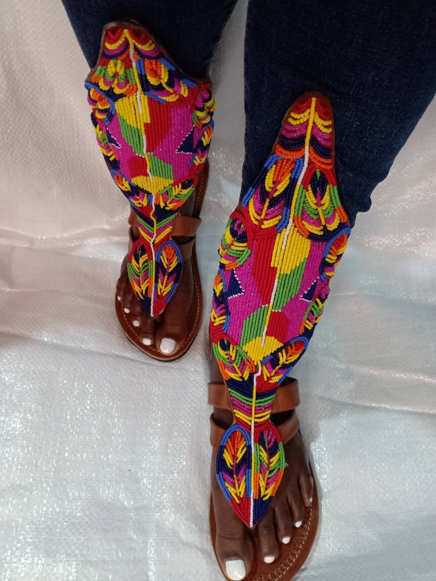 Handmade African Beaded Sandals/Authentic Maasai-Style Leather Flip-Flops Women/Boho Beach Sandals/Comfortable Summer Sandal African Gifts