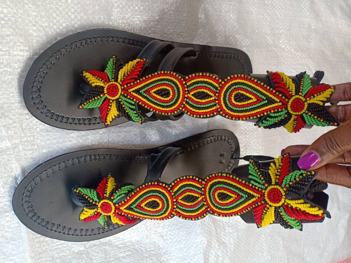 Handmade African Beaded Sandals/Authentic Maasai-Style Leather Flip-Flops Women/Boho Beach Sandals/Comfortable Summer Sandal African Gifts