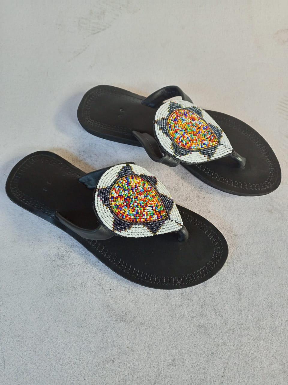 Handmade African Beaded Sandals/Authentic Maasai-Style Leather Flip-Flops Women/Boho Beach Sandals/Comfortable Summer Sandal African Gifts