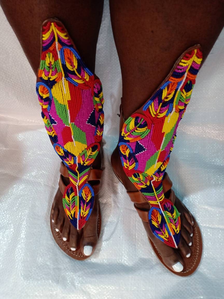 Handmade African Beaded Sandals/Authentic Maasai-Style Leather Flip-Flops Women/Boho Beach Sandals/Comfortable Summer Sandal African Gifts
