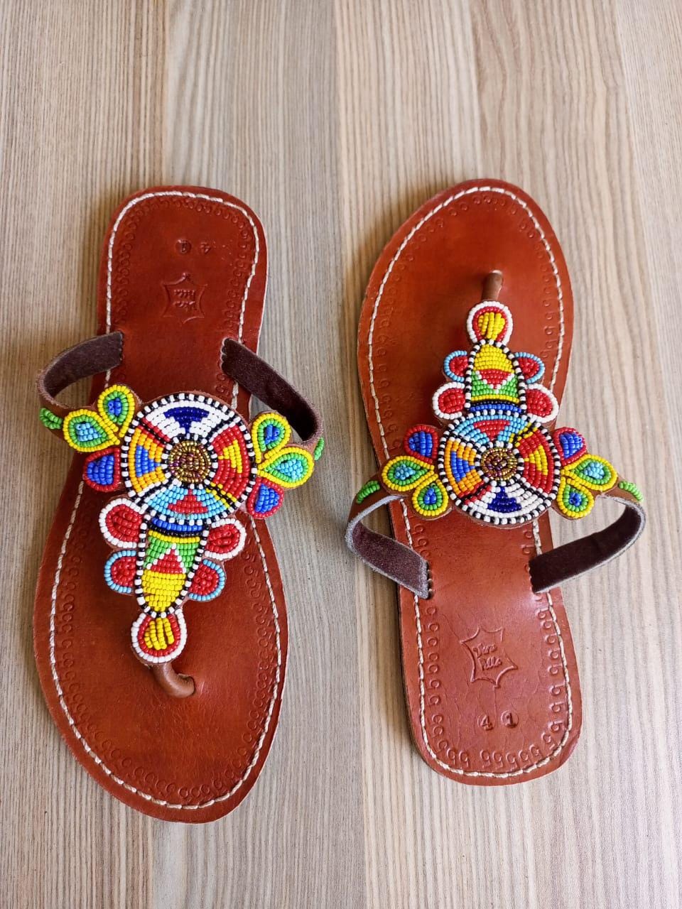 Handmade African Beaded Sandals/Authentic Maasai-Style Leather Flip-Flops Women/Boho Beach Sandals/Comfortable Summer Sandal African Gifts