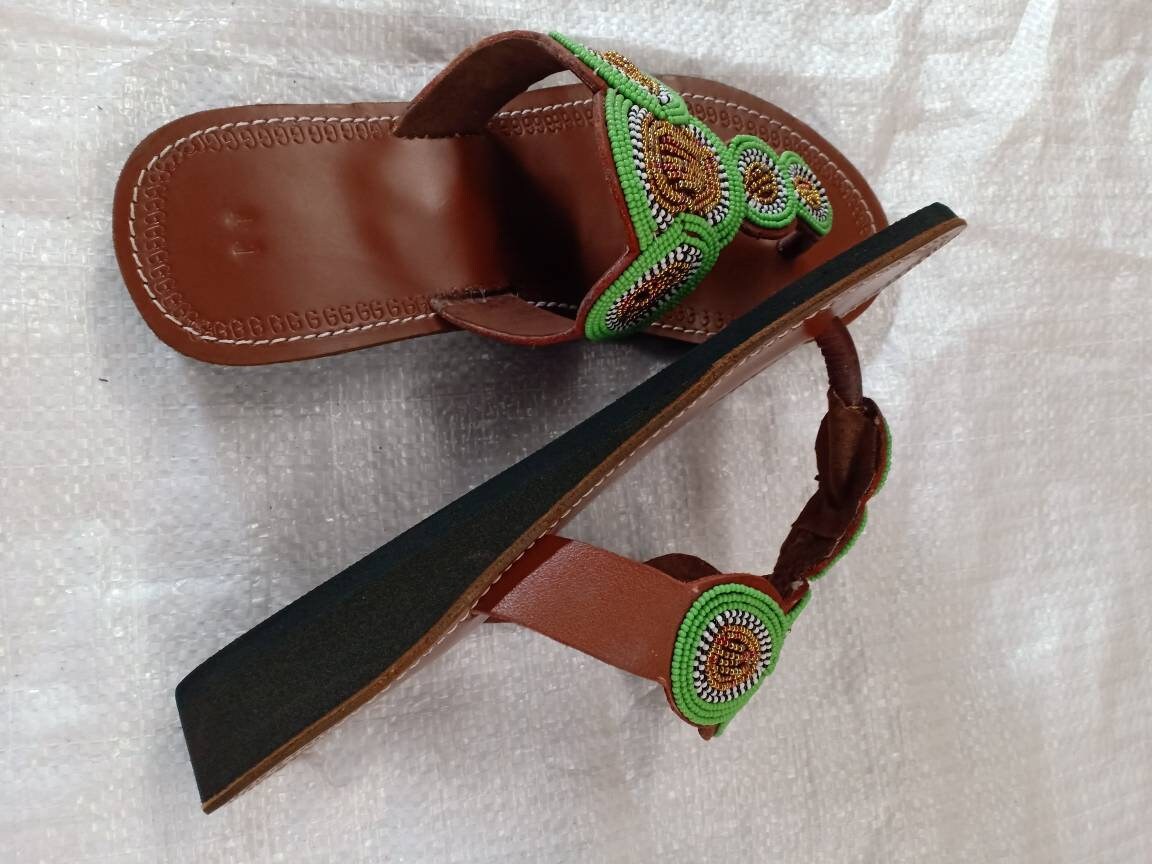 Handmade African Beaded Sandals/Authentic Maasai-Style Leather Flip-Flops Women/Boho Beach Sandals/Comfortable Summer Sandal African Gifts