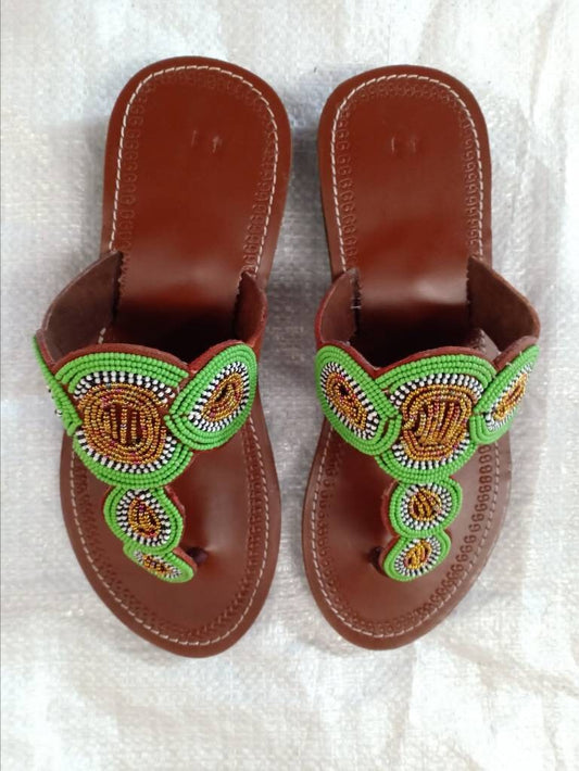 Handmade African Beaded Sandals/Authentic Maasai-Style Leather Flip-Flops Women/Boho Beach Sandals/Comfortable Summer Sandal African Gifts