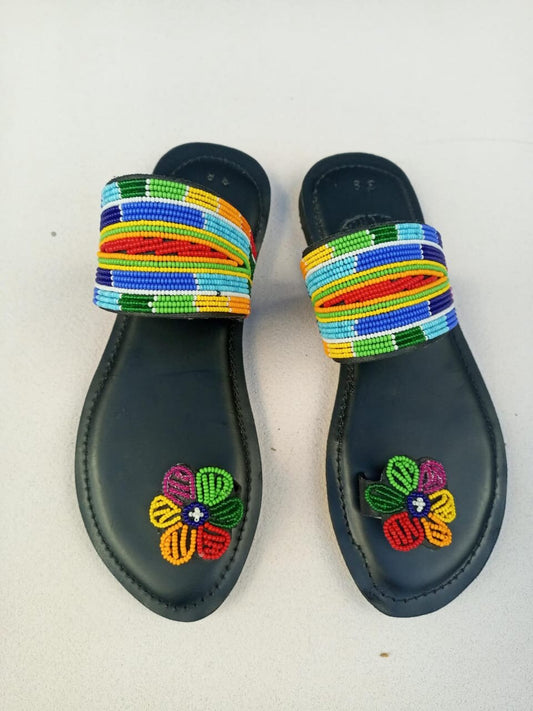 Handmade African Beaded Sandals/Authentic Maasai-Style Leather Flip-Flops Women/Boho Beach Sandals/Comfortable Summer Sandal African Gifts