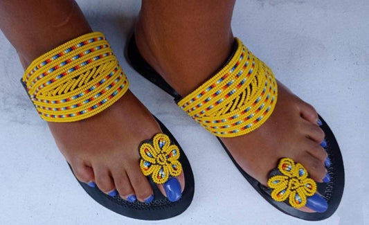 Handmade African Beaded Sandals/Authentic Maasai-Style Leather Flip-Flops Women/Boho Beach Sandals/Comfortable Summer Sandal African Gifts