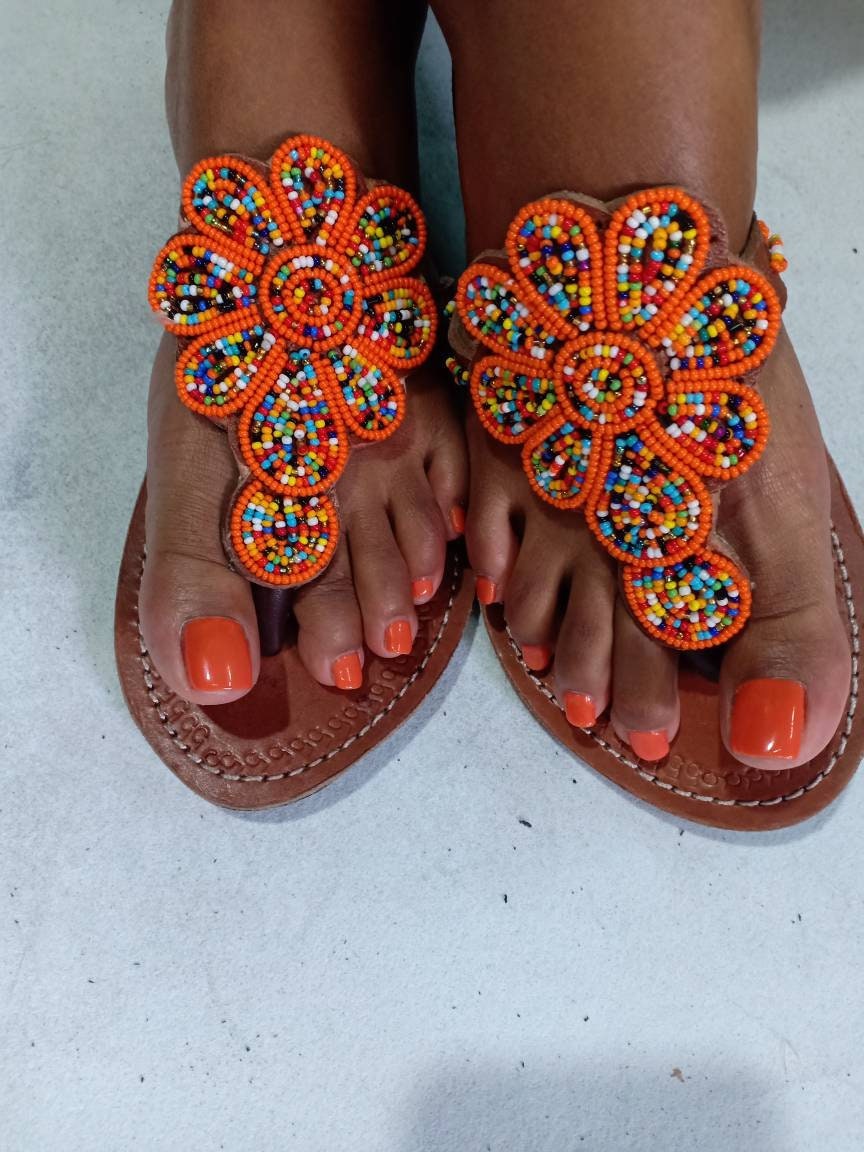 Handmade African Beaded Sandals/Authentic Maasai-Style Leather Flip-Flops Women/Boho Beach Sandals/Comfortable Summer Sandal African Gifts