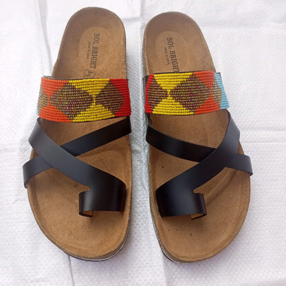 Handmade African Beaded Sandals/Authentic Maasai-Style Leather Flip-Flops Women/Boho Beach Sandals/Comfortable Summer Sandal African Gifts