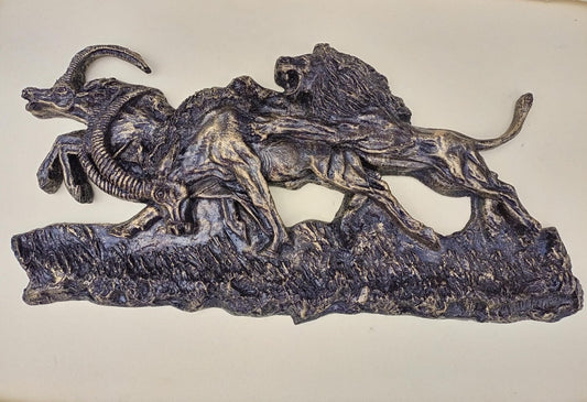 Lion Hunting Scene Wall Art/Handmade Fiber Sculpture/African Wildlife Decor/Unique Animal Art/Nature-Inspired Home Decor/Boho Safari Decor