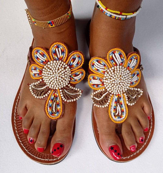 Handmade African Beaded Sandals/Authentic Maasai-Style Leather Flip-Flops Women/Boho Beach Sandals/Comfortable Summer Sandal African Gifts