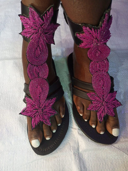 Handmade African Beaded Sandals/Authentic Maasai-Style Leather Flip-Flops Women/Boho Beach Sandals/Comfortable Summer Sandal African Gifts