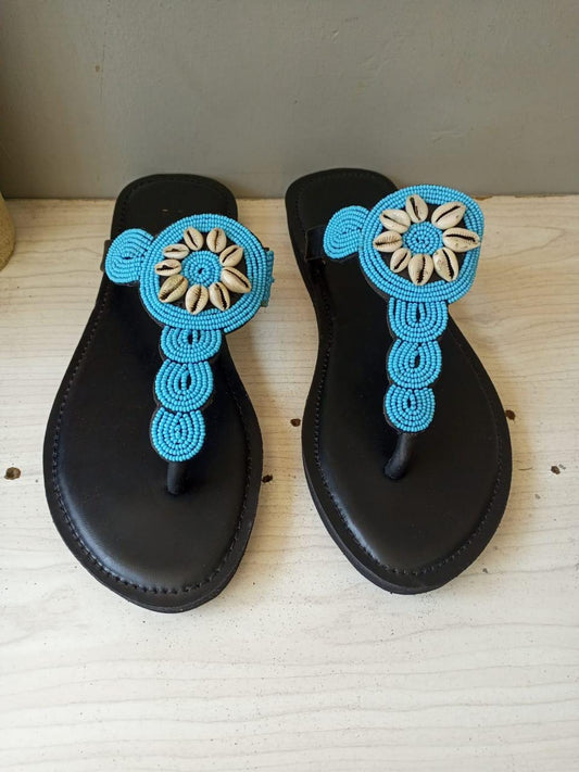 Handmade African Beaded Sandals/Authentic Maasai-Style Leather Flip-Flops Women/Boho Beach Sandals/Comfortable Summer Sandal African Gifts
