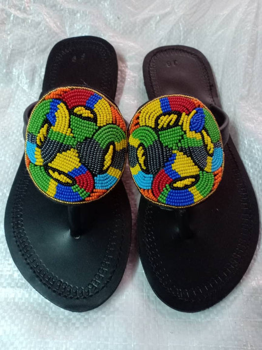 Handmade African Beaded Sandals/Authentic Maasai-Style Leather Flip-Flops Women/Boho Beach Sandals/Comfortable Summer Sandal African Gifts