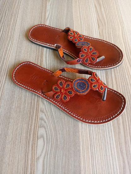 Handmade African Beaded Sandals/Authentic Maasai-Style Leather Flip-Flops Women/Boho Beach Sandals/Comfortable Summer Sandal African Gifts
