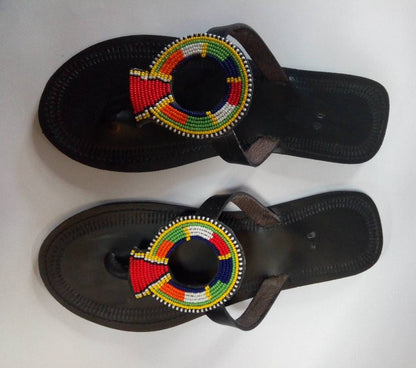 Handmade African Beaded Sandals/Authentic Maasai-Style Leather Flip-Flops Women/Boho Beach Sandals/Comfortable Summer Sandal African Gifts