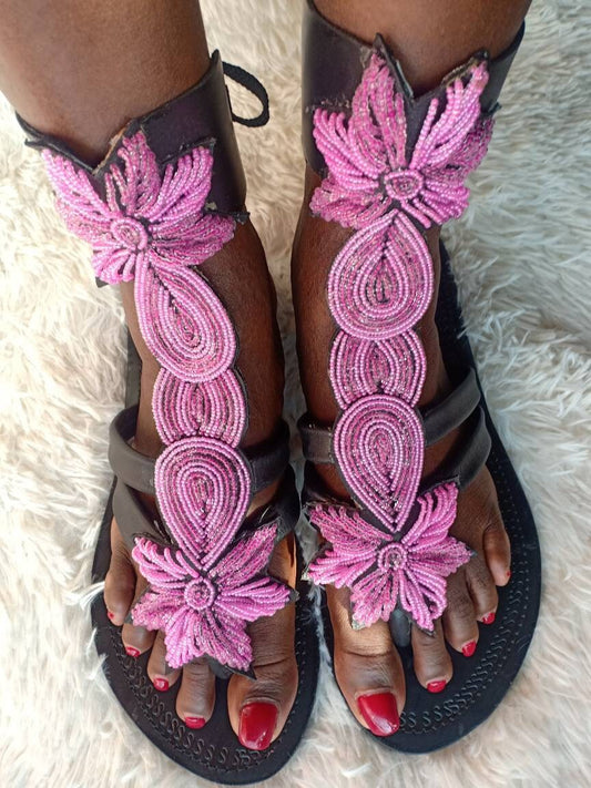 Handmade African Beaded Sandals/Authentic Maasai-Style Leather Flip-Flops Women/Boho Beach Sandals/Comfortable Summer Sandal African Gifts