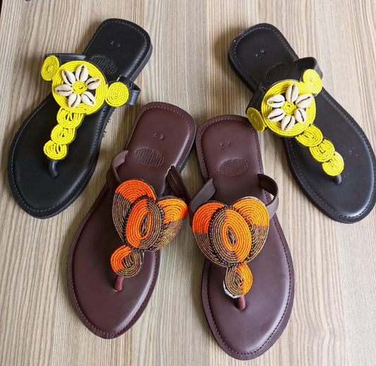 Handmade African Beaded Sandals/Authentic Maasai-Style Leather Flip-Flops Women/Boho Beach Sandals/Comfortable Summer Sandal African Gifts
