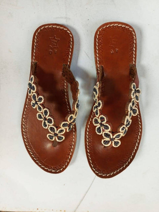 Handmade African Beaded Sandals/Authentic Maasai-Style Leather Flip-Flops Women/Boho Beach Sandals/Comfortable Summer Sandal African Gifts