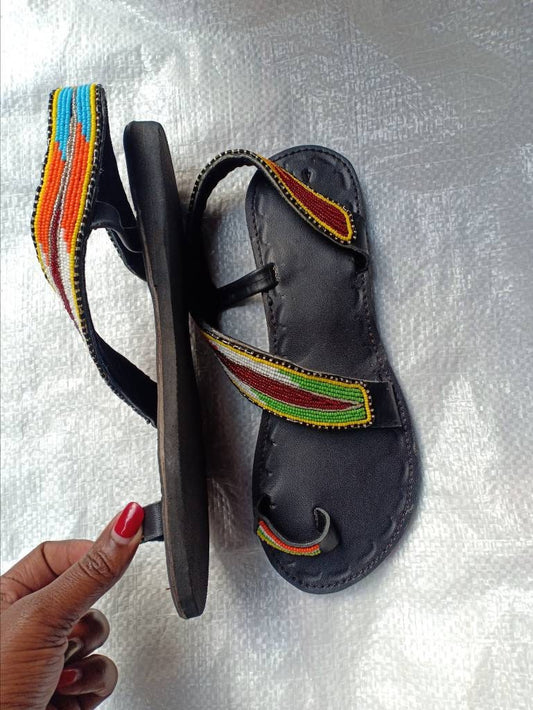 Handmade African Beaded Sandals/Authentic Maasai-Style Leather Flip-Flops Women/Boho Beach Sandals/Comfortable Summer Sandal African Gifts