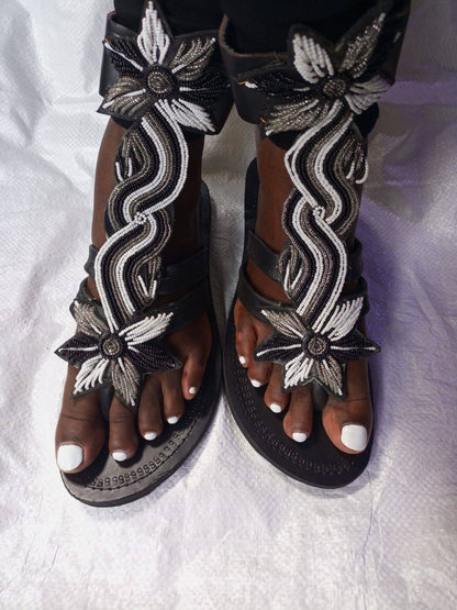 Handmade African Beaded Sandals/Authentic Maasai-Style Leather Flip-Flops Women/Boho Beach Sandals/Comfortable Summer Sandal African Gifts