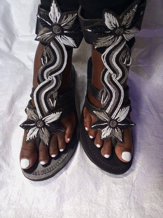 Handmade African Beaded Sandals/Authentic Maasai-Style Leather Flip-Flops Women/Boho Beach Sandals/Comfortable Summer Sandal African Gifts